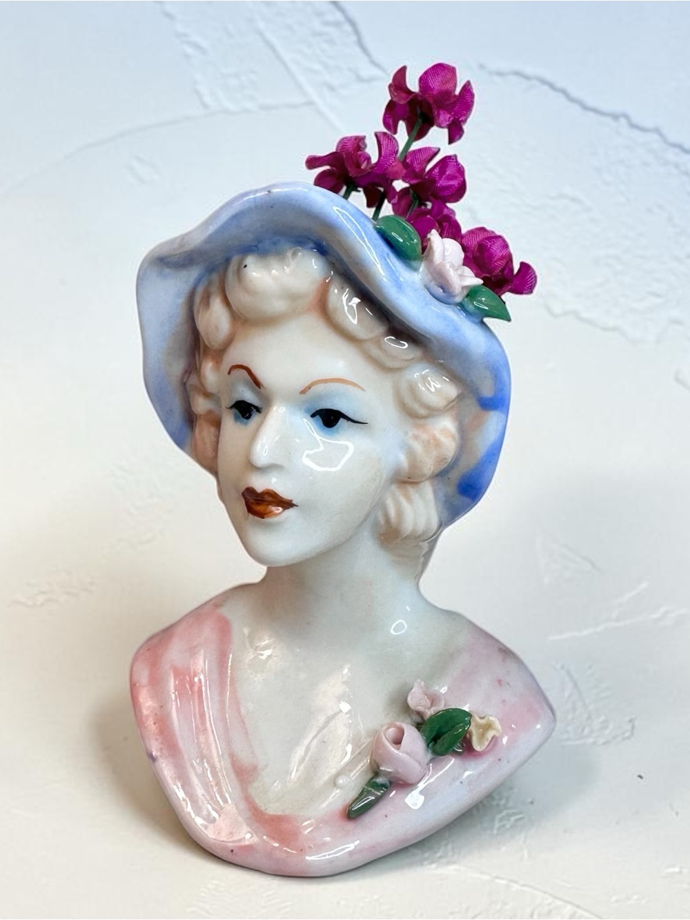 Vintage Porcelain Bust Woman’s Head w/ Pink Dress, Blue Hat & Applied Flowers